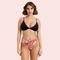 Red & White Floral Print High-Cut Thong Bikini Bottom Snazzyway