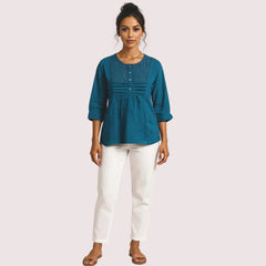 Teal Pintuck Detail Cotton Tunic Top Snazzyway