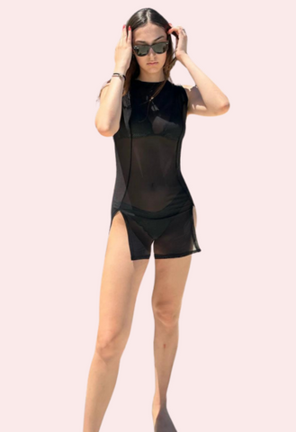 Sheer Black Mini Dress with Dual Open Slits Snazzyway