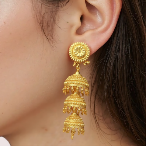 Triple-Tiered Gold Jhumka Earrings Snazzyway