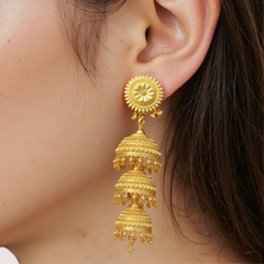 Triple-Tiered Gold Jhumka Earrings Snazzyway