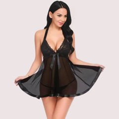 Flirty Sheer and Lace Chemise in Black Snazzyway