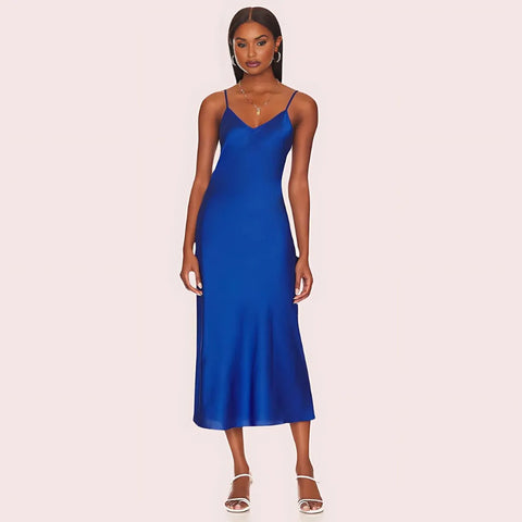 Glamorous Blue Satin Slip Midi Dress Snazzyway
