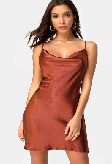 Elegant  Dark Rust Satin Slip Dress snazzyway