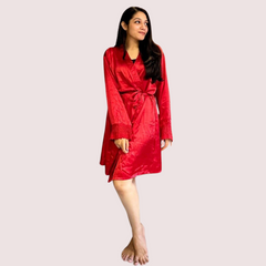 French Daina Red Silk Satin Lace Trim Robe French Daina