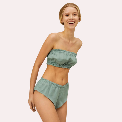 2 Pack Natural Flax Linen French Underwear Set: Ruffled Bandeau & Vintage Knickers. French Daina