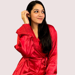 French Daina Red Silk Satin Lace Trim Robe French Daina