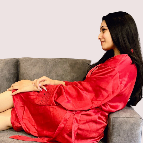 French Daina Red Silk Satin Lace Trim Robe French Daina