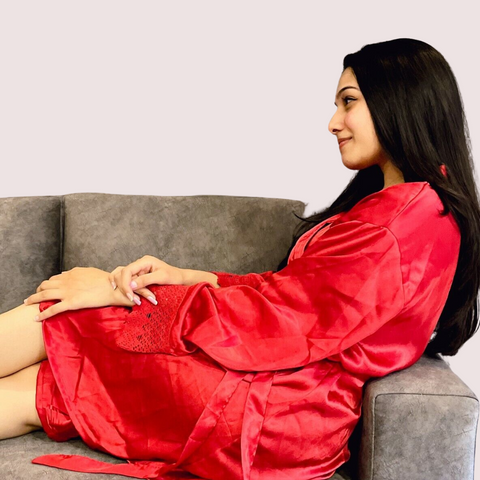French Daina Red Silk Satin Lace Trim Robe French Daina
