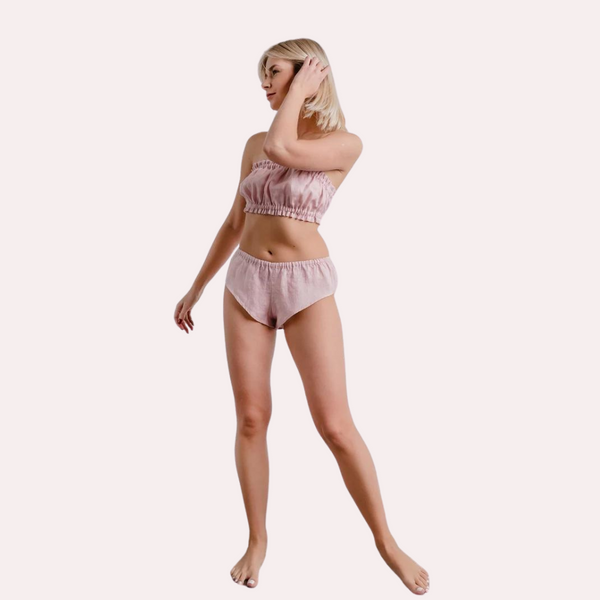 2 Pack Natural Flax Linen French Underwear Set: Ruffled Bandeau & Vintage Knickers. French Daina