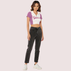 "Campus Vibes" Colorblock Zip Crop Top – Lilac & White Snazzyway