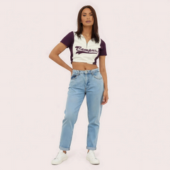 Women's Purple "Campus" Zip Polo Crop Top – Collegiate-Inspired Style Snazzyway