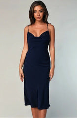 Navy Satin Cowl Neck Midi Dress snazzyway