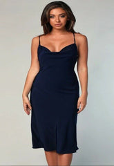 Navy Satin Cowl Neck Midi Dress snazzyway