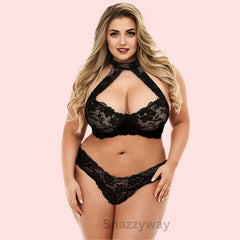 “Plus size” seductive black lace bra set Snazzyway