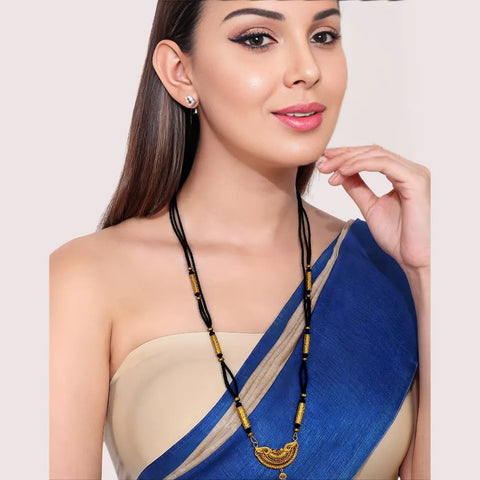 Traditional Crescent Pendant Long Mangalsutra with Gold-Toned Beads Snazzyway
