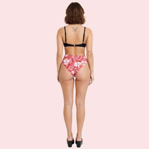 Red & White Floral Print High-Cut Thong Bikini Bottom Snazzyway
