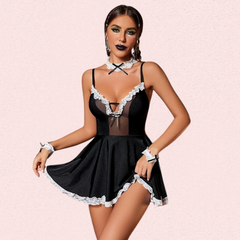 French Daina Black Lace Maid Costume with Luxury G-String Gift Snazzyway