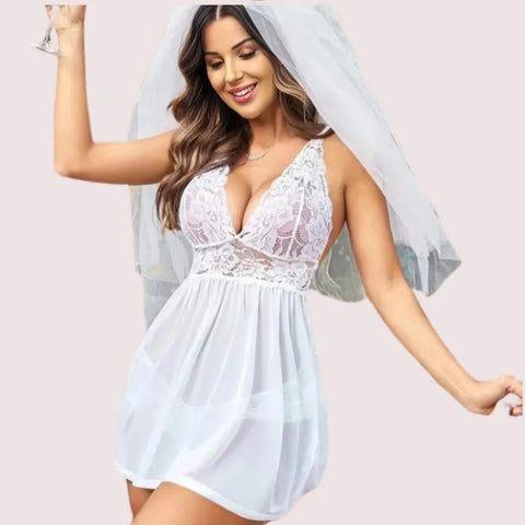 Bridal White Lace & Sheer Babydoll Nightwear Snazzyway