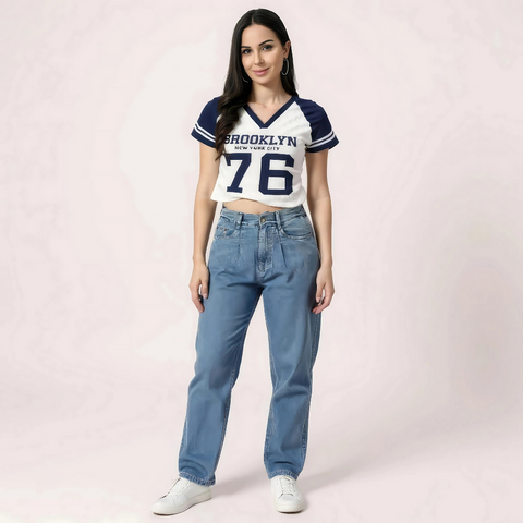 "Brooklyn 76" Varsity Crop Top – Navy & White Snazzyway