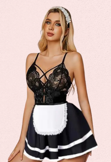 French Daina Sexy Black Lace Maid Costume with Luxury Lace Panty