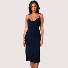 Navy Satin Cowl Neck Midi Dress Snazzyway