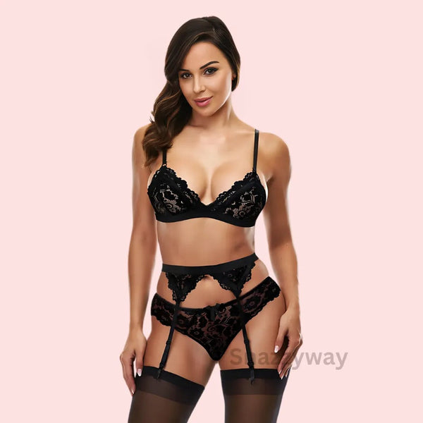 Exotic black lace bra set with garter belt Snazzyway