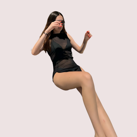 Maison Allure Sheer Black Mini Dress with Dual Open Slits Snazzyway