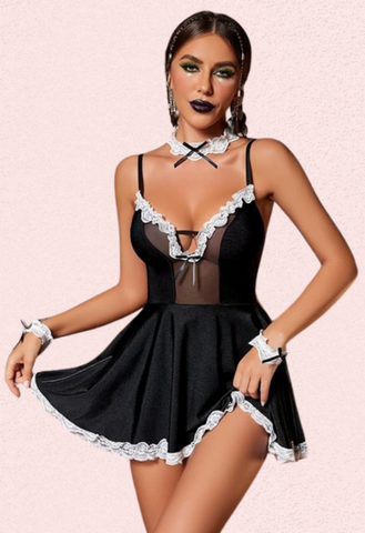 French Daina Black Lace Maid Costume with Luxury G-String Gift Snazzyway