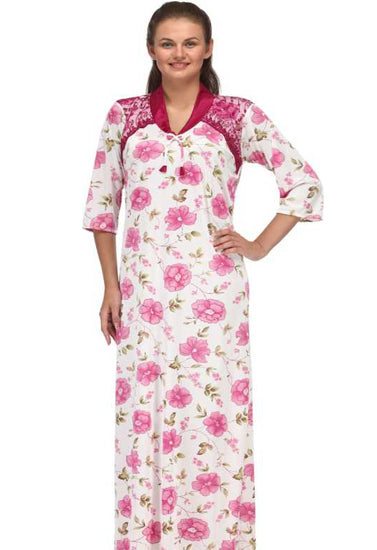 Floral Print Full Length Pink Women's Nightgown