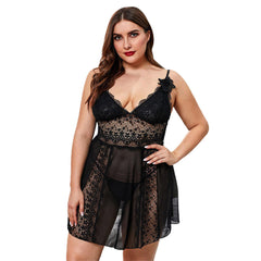 Plus Size V-Neck Black Lace Mesh Nightwear snazzyway