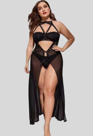 Plus Size Split Long Mesh Babydoll Nightwear snazzyway