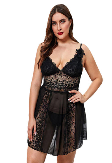 Plus Size V-Neck Black Lace Mesh Nightwear