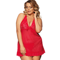 Plus Size Red Mesh and Lace Babydoll Lingerie snazzyway