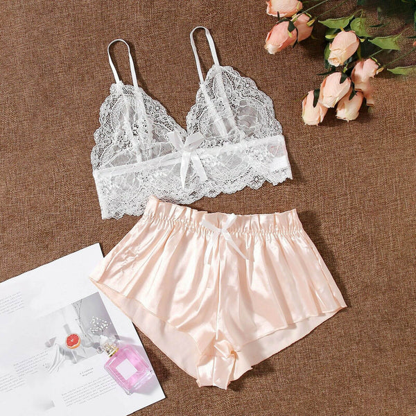 Sexy lace bralette silk satin French knicker set