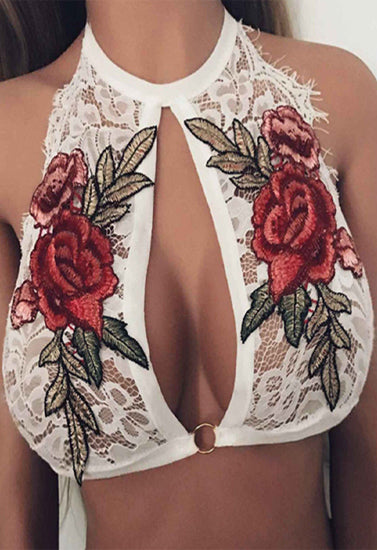 Floral Embroidery Sheer Lace High Neck Crop Top snazzyway