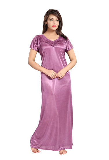 Purple Satin Half Sleeves Full Length Nighty