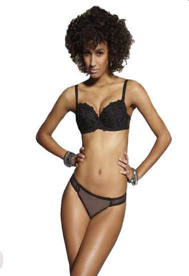 Striking Black All Over Lace Push Up Bra Thong Set