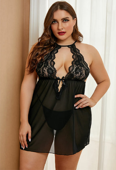 Elegant Plus Size Sheer Lace Babydoll Nightwear