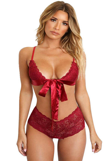 Red Floral Lace Non Padded Bralette Set snazzyway