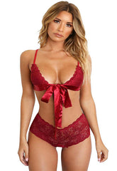 Red Floral Lace Non Padded Bralette Set snazzyway