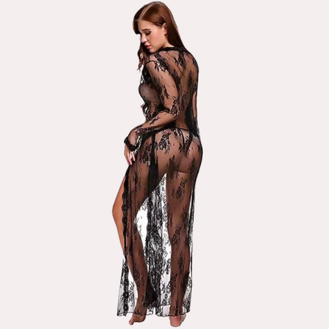 Floral Lace-Trimmed Black Transparent Robe snazzyway