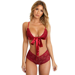 Red Floral Lace Non Padded Bralette Set snazzyway