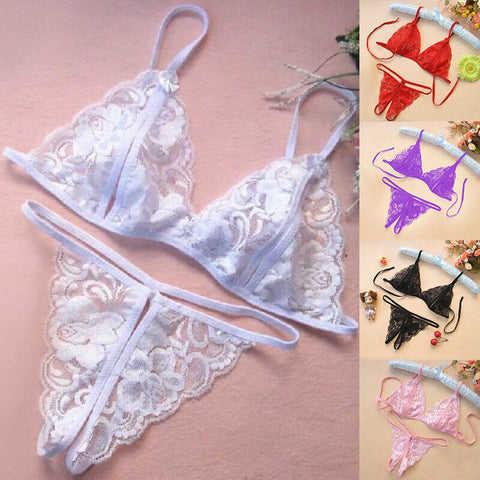 Women Sexy Lace Bra Crotchless Lingerie Thong Underwear Set Sleepwear French Daina