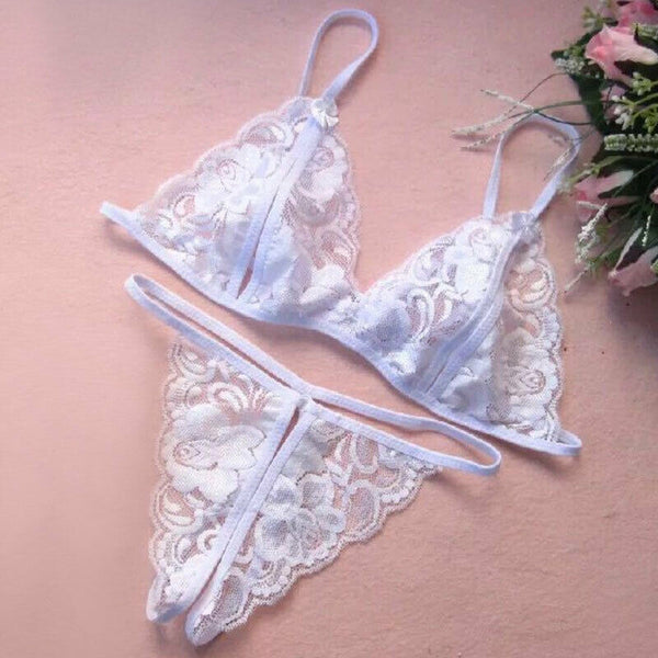 Women Sexy Lace Bra Crotchless Lingerie Thong Underwear Set Sleepwear